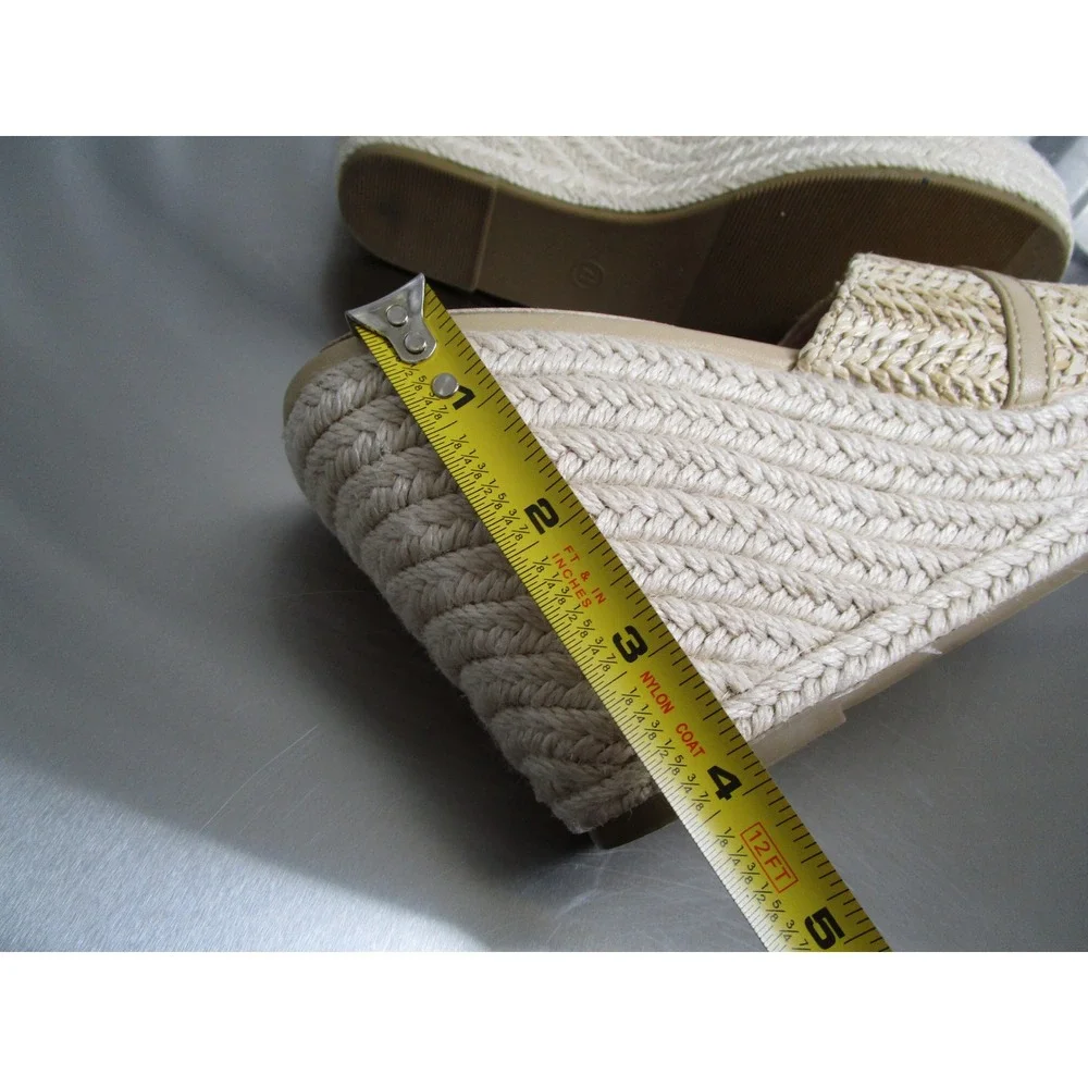 Coutgo Woven Straw Espadrille Wedge Sandals Gold Accent Tan Platform Slides 7.5